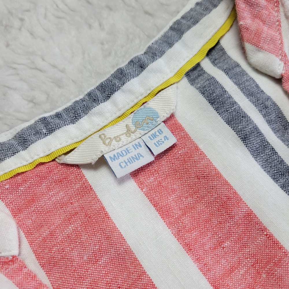 Boden Linen Popover Tunic Top Women's 4 Striped V-Neck Red Blue Yellow White - Picture 3 of 8